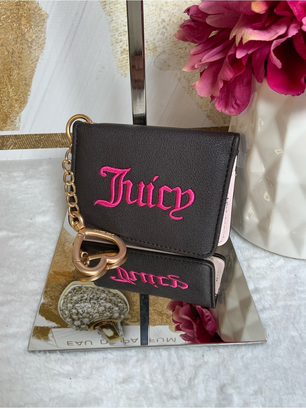 Juicy Couture Black and Pink Card Case with Gold Heart Charm